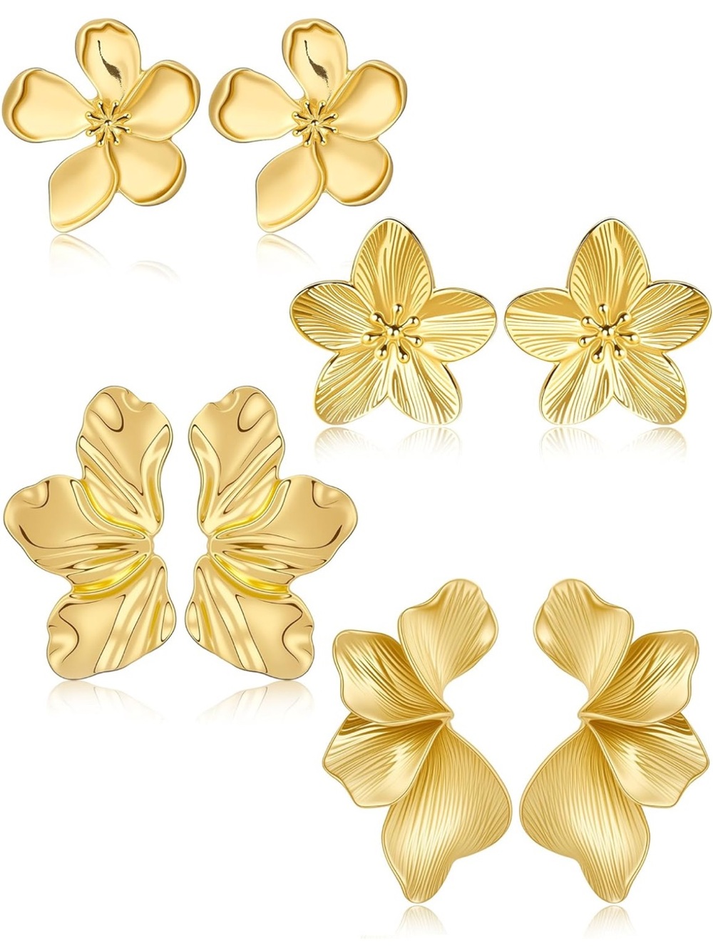 14 k Gold plated Floral Stud Earrings Set - Women Jewelry 4 pair